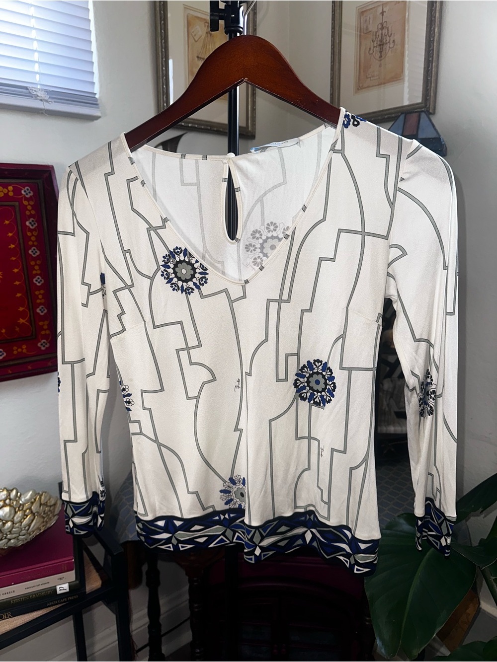 Vintage Emilio Pucci 1980s Silk Jersey Printed V-Neck Top
